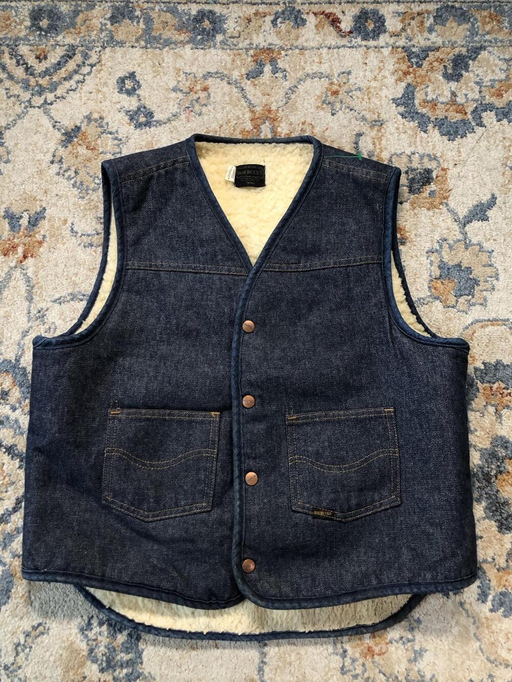 Vintage Roebucks Vest Mens Large Blue Denim Sherpa Lined Western Workwear